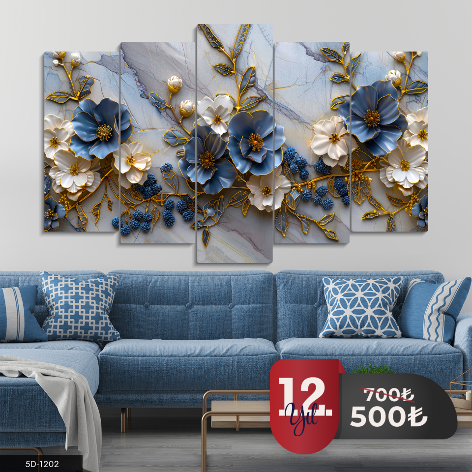 Mavi Beyaz Çiçekler 5 Parça Mdf Tablo 60x100 CM