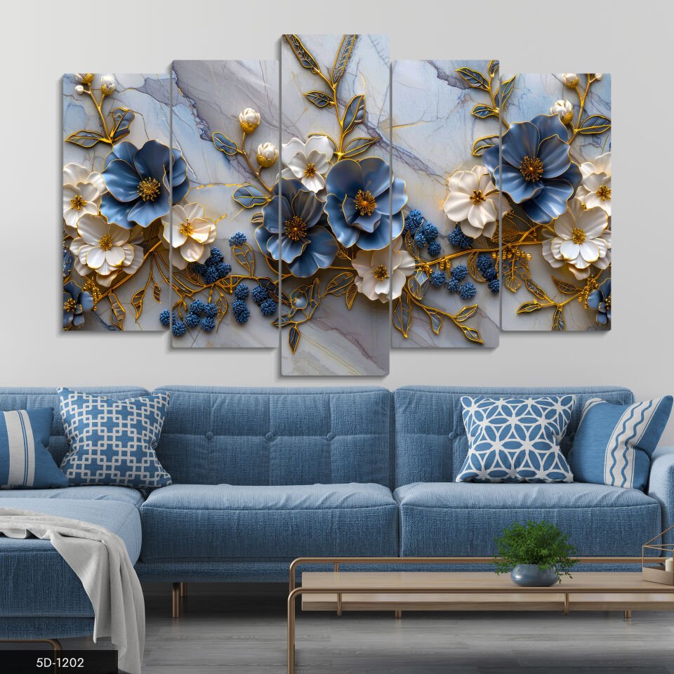 Mavi Beyaz Çiçekler 5 Parça Mdf Tablo 60x100 CM