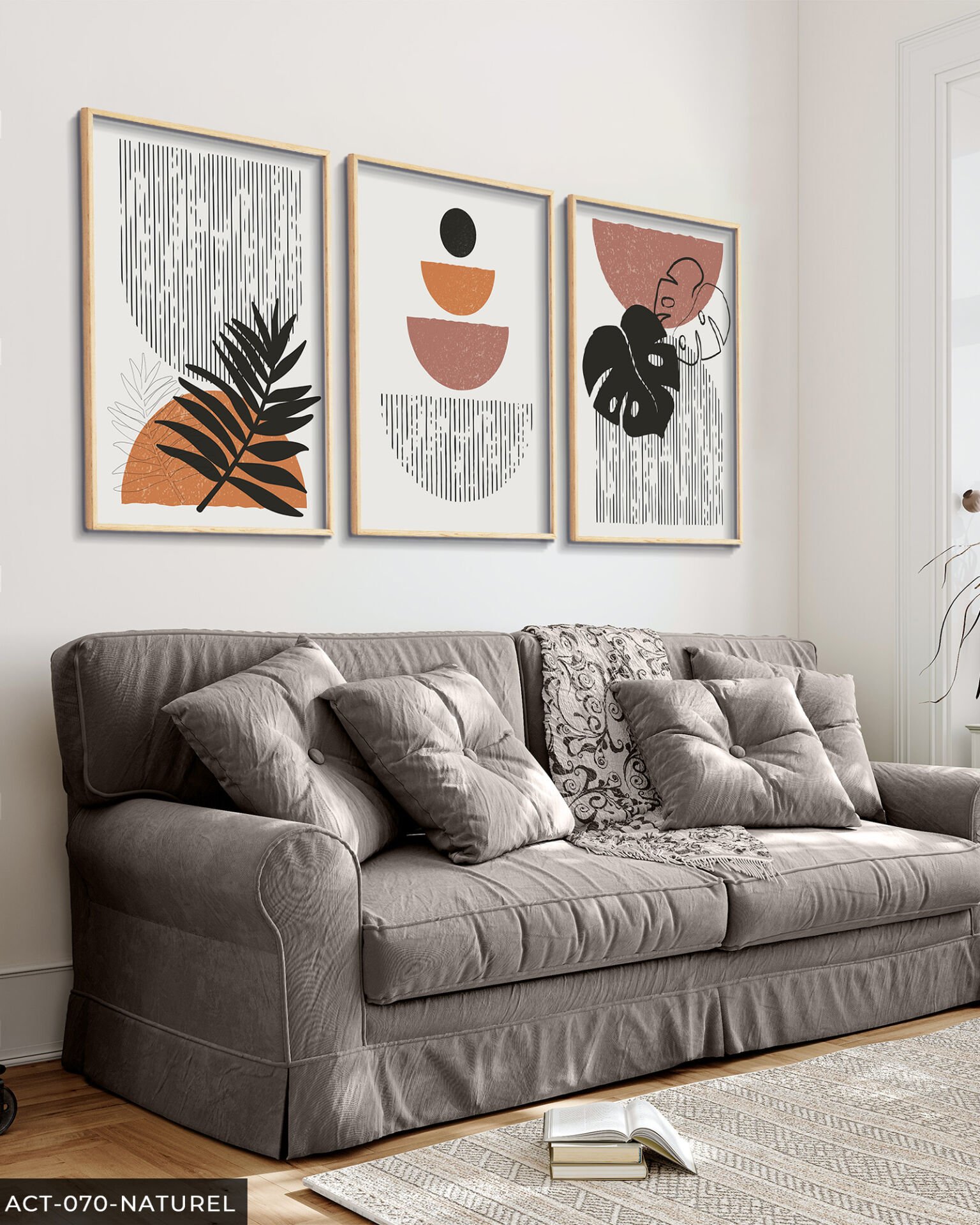 Soyut Yaprak Çiçekler 3 Parça Ahşap Çerçeveli Tablo Naturel - 40 x 60 CM