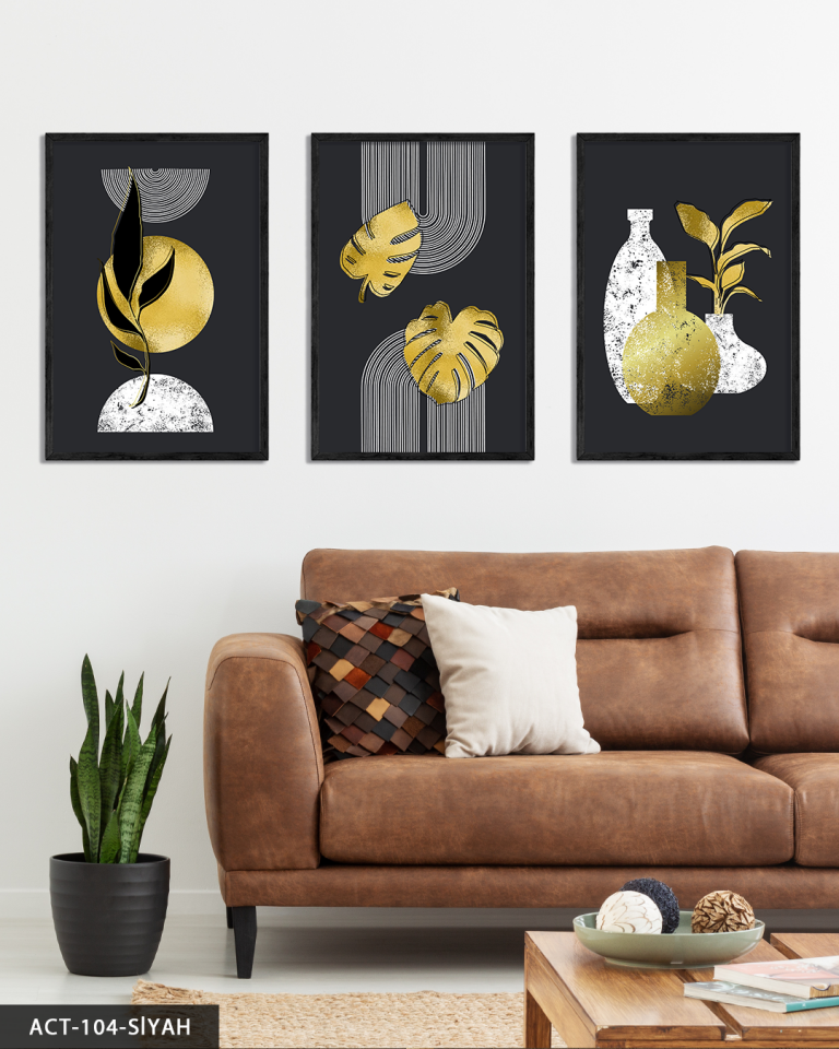 Boho Tarzı Gold Detaylı Yaprak 3 Parça Ahşap Çerçeveli Tablo ACT Siyah - 50 x 70 CM