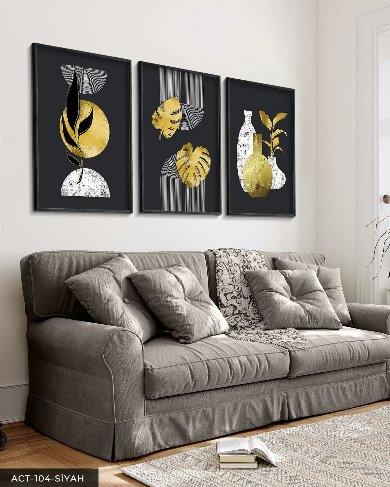 Boho Tarzı Gold Detaylı Yaprak 3 Parça Ahşap Çerçeveli Tablo ACT Siyah - 50 x 70 CM