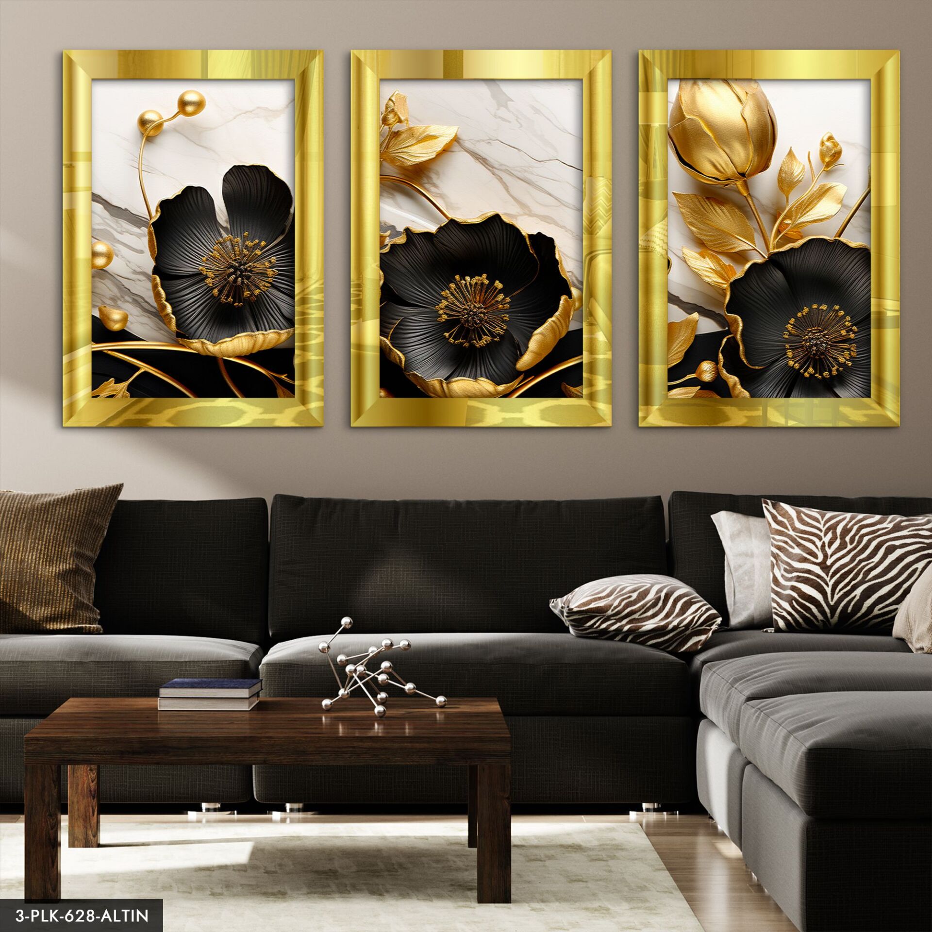 Gold Yapraklı Siyah Çiçek 3 Parça Pleksi Aynalı Tablo 20 x 30 CM - Gold