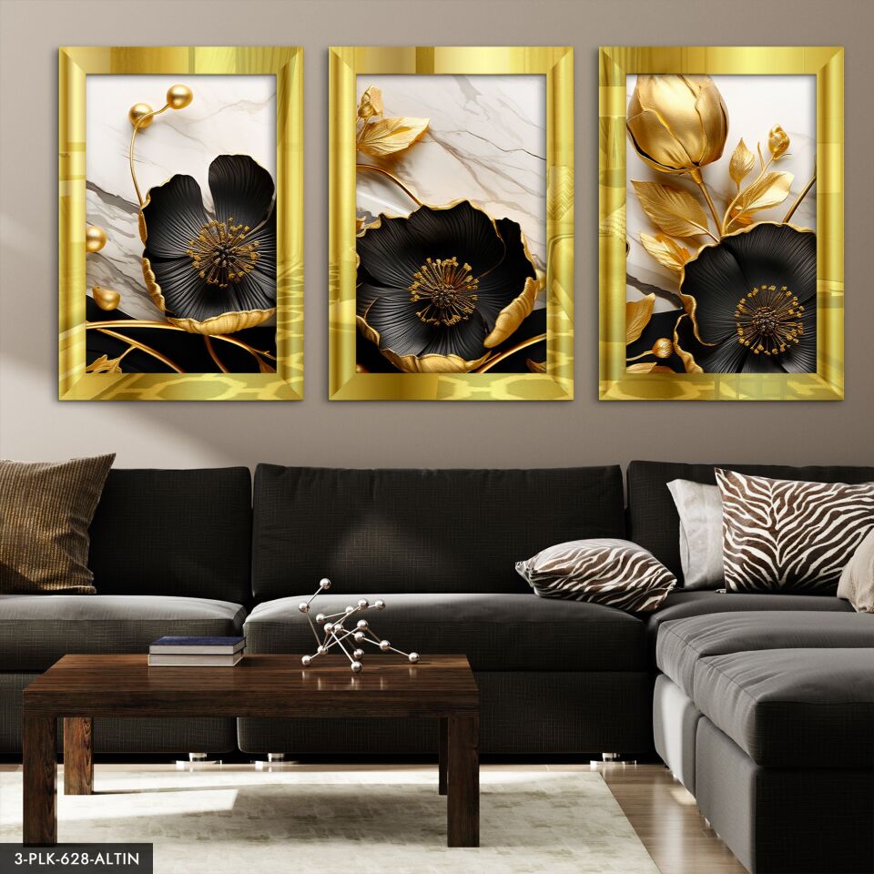 Gold Yapraklı Siyah Çiçek 3 Parça Pleksi Aynalı Tablo 20 x 30 CM - Gold
