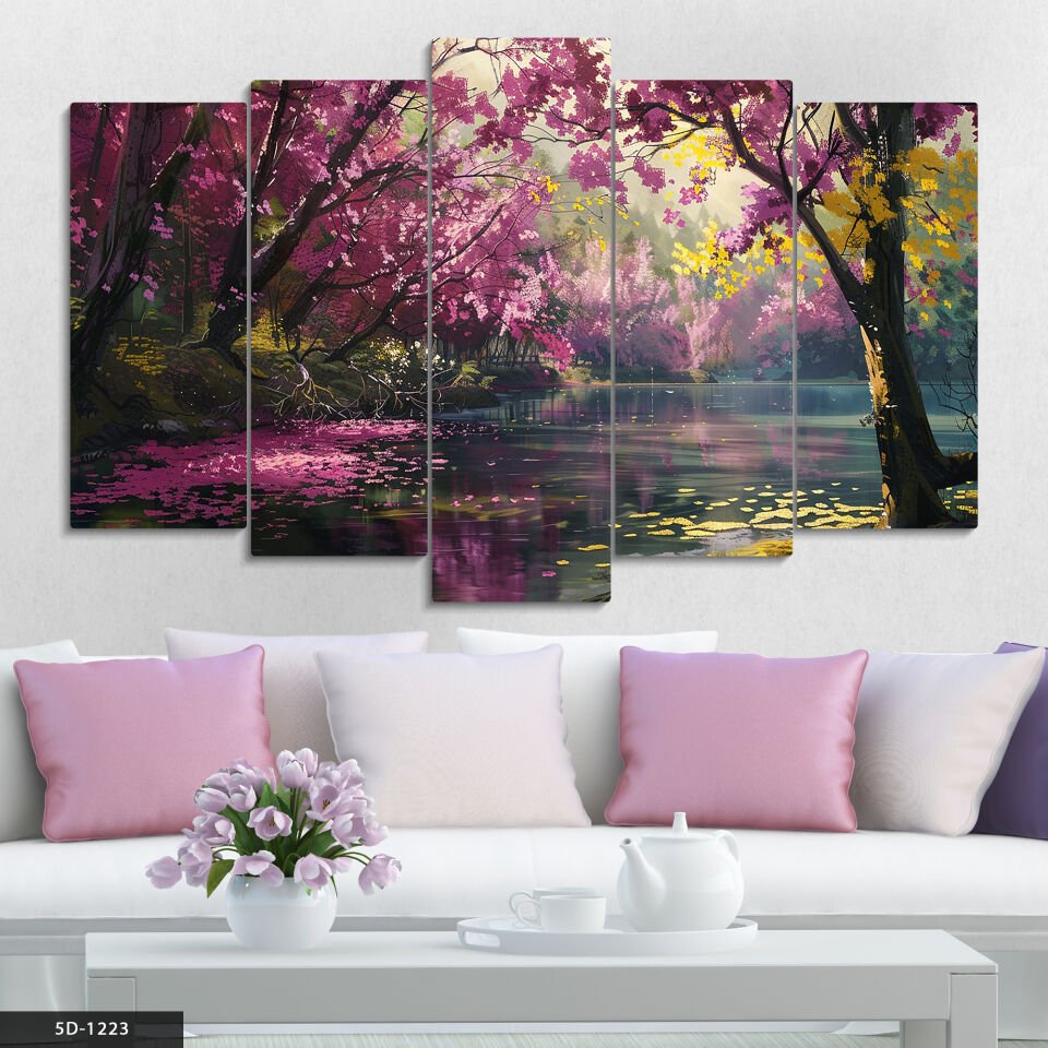 Gölette Pembe Ağaçlar 5 Parça Mdf Tablo 60x100 CM