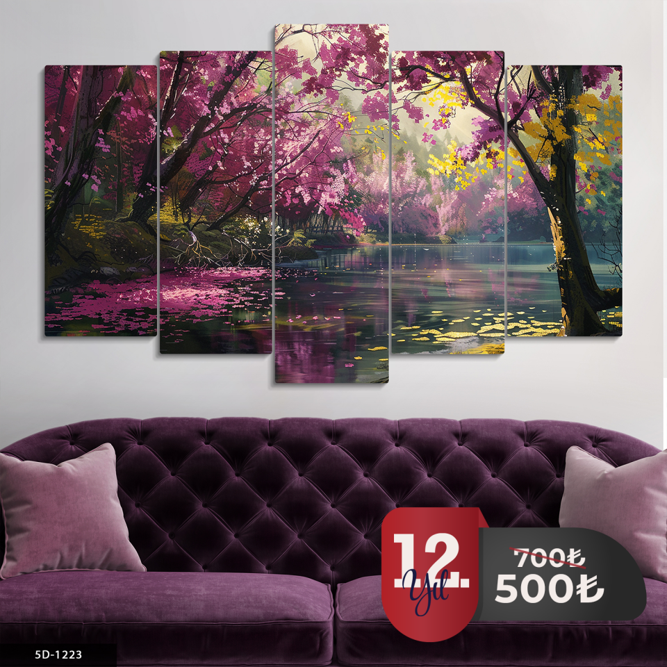 Gölette Pembe Ağaçlar 5 Parça Mdf Tablo 60x100 CM
