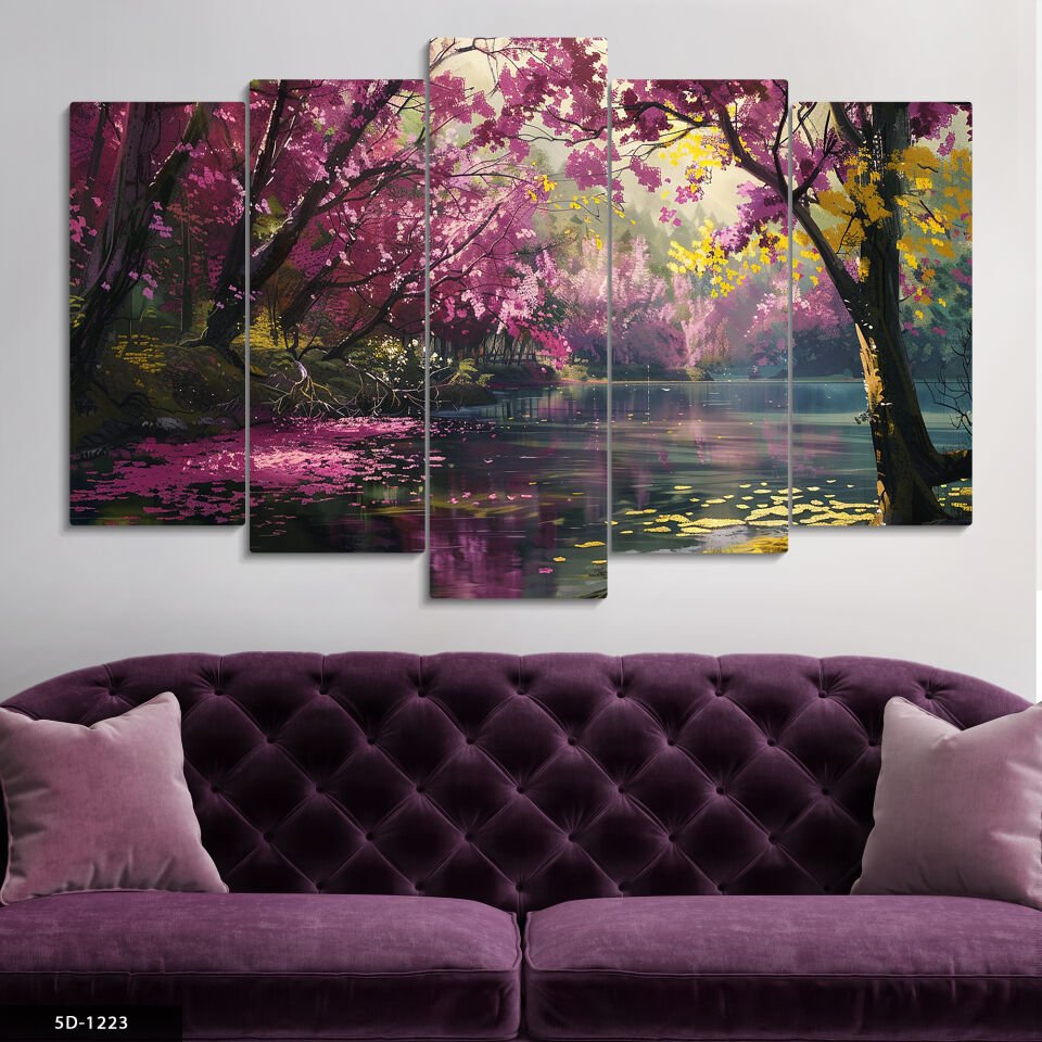 Gölette Pembe Ağaçlar 5 Parça Mdf Tablo 60x100 CM