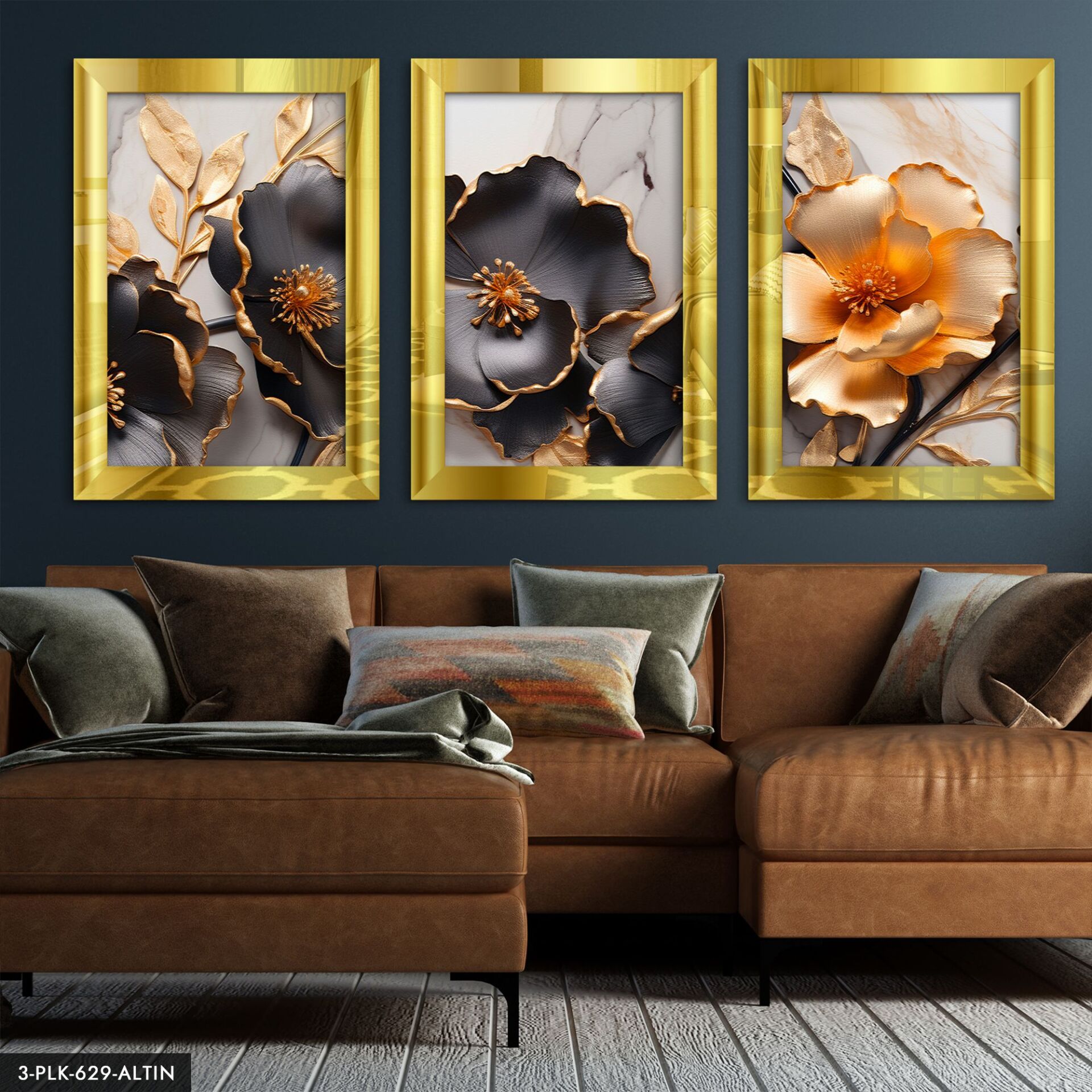 Gold Detaylı Çiçekler 3 Parça Pleksi Aynalı Tablo 20 x 30 CM - Gold