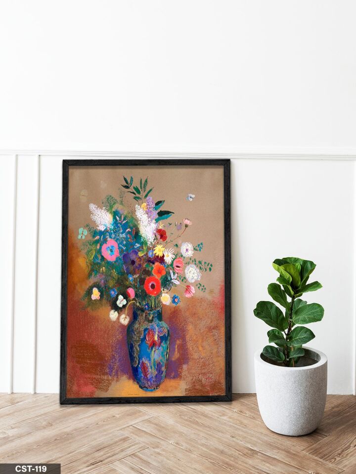 Mavi Vazo Çiçek Desen Tek Parça Ahşap Çerçeveli Tablo Siyah - 40 x 60 CM