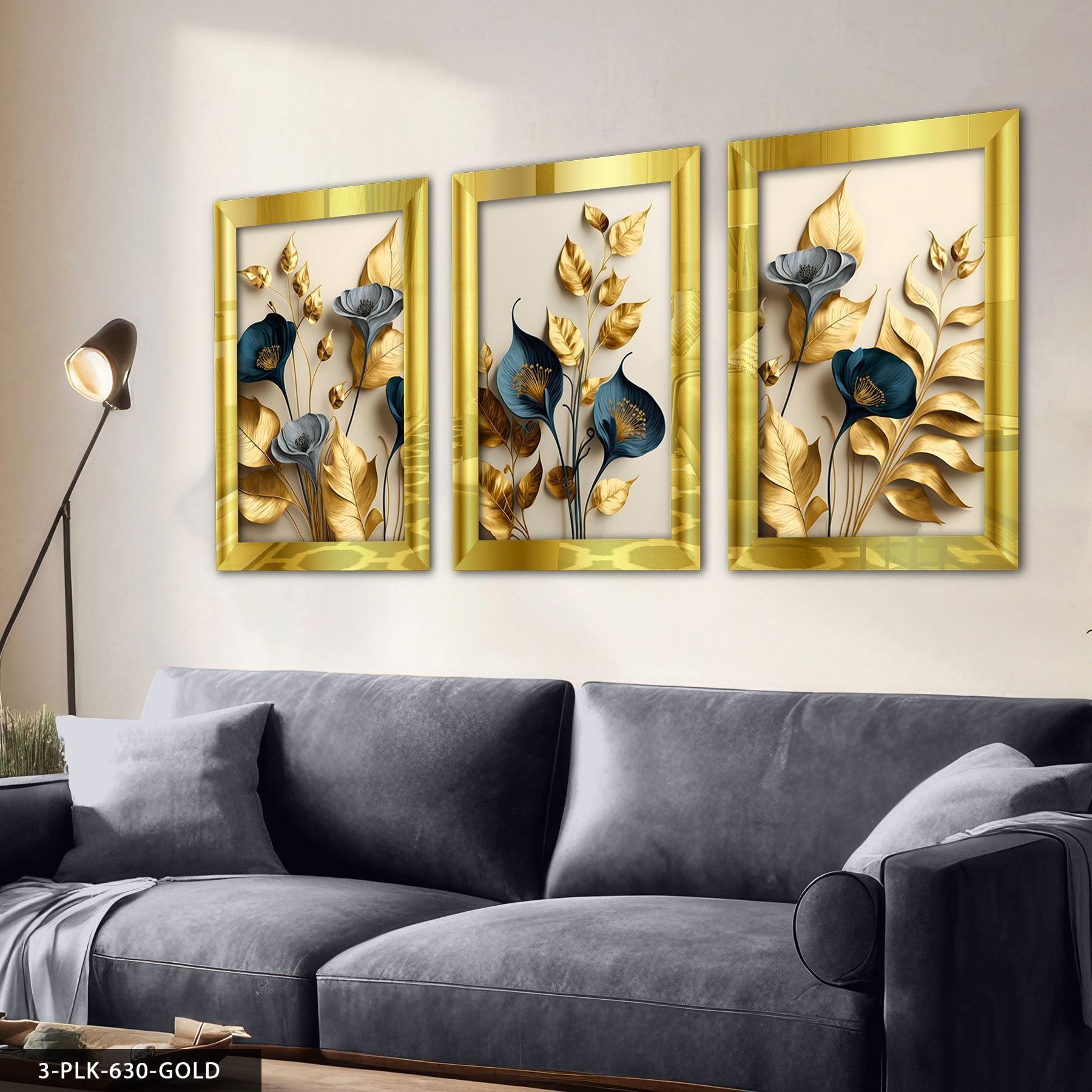 Zarif Altın ve Mavi Çiçekler 3 Parça Pleksi Aynalı Tablo 20 x 30 CM - Gold