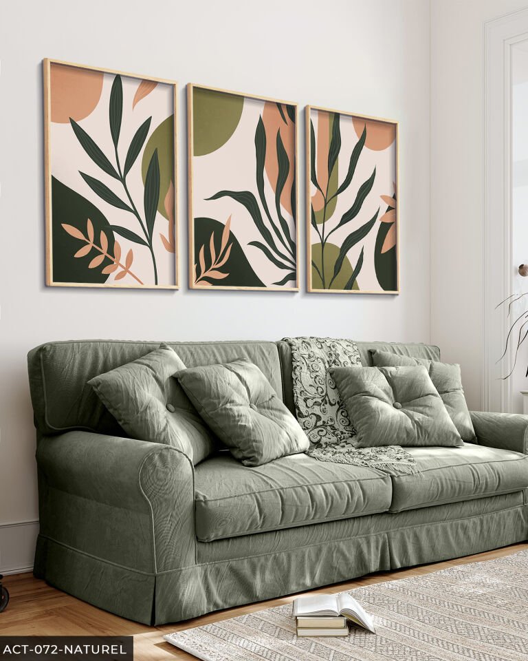 Çiçek Yaprak 3 Parça Ahşap Çerçeveli Tablo Naturel - 40 x 60 CM