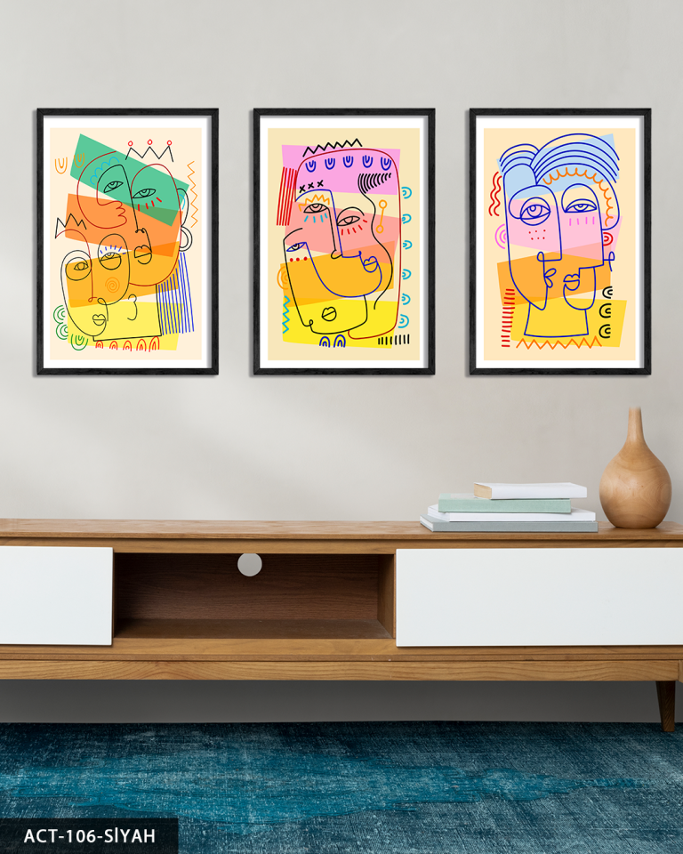 Şekilli Portreler 3 Parça Ahşap Çerçeveli Tablo ACT Siyah - 50 x 70 CM