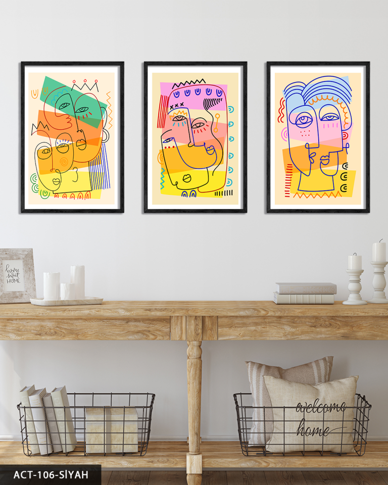 Şekilli Portreler 3 Parça Ahşap Çerçeveli Tablo ACT Siyah - 50 x 70 CM