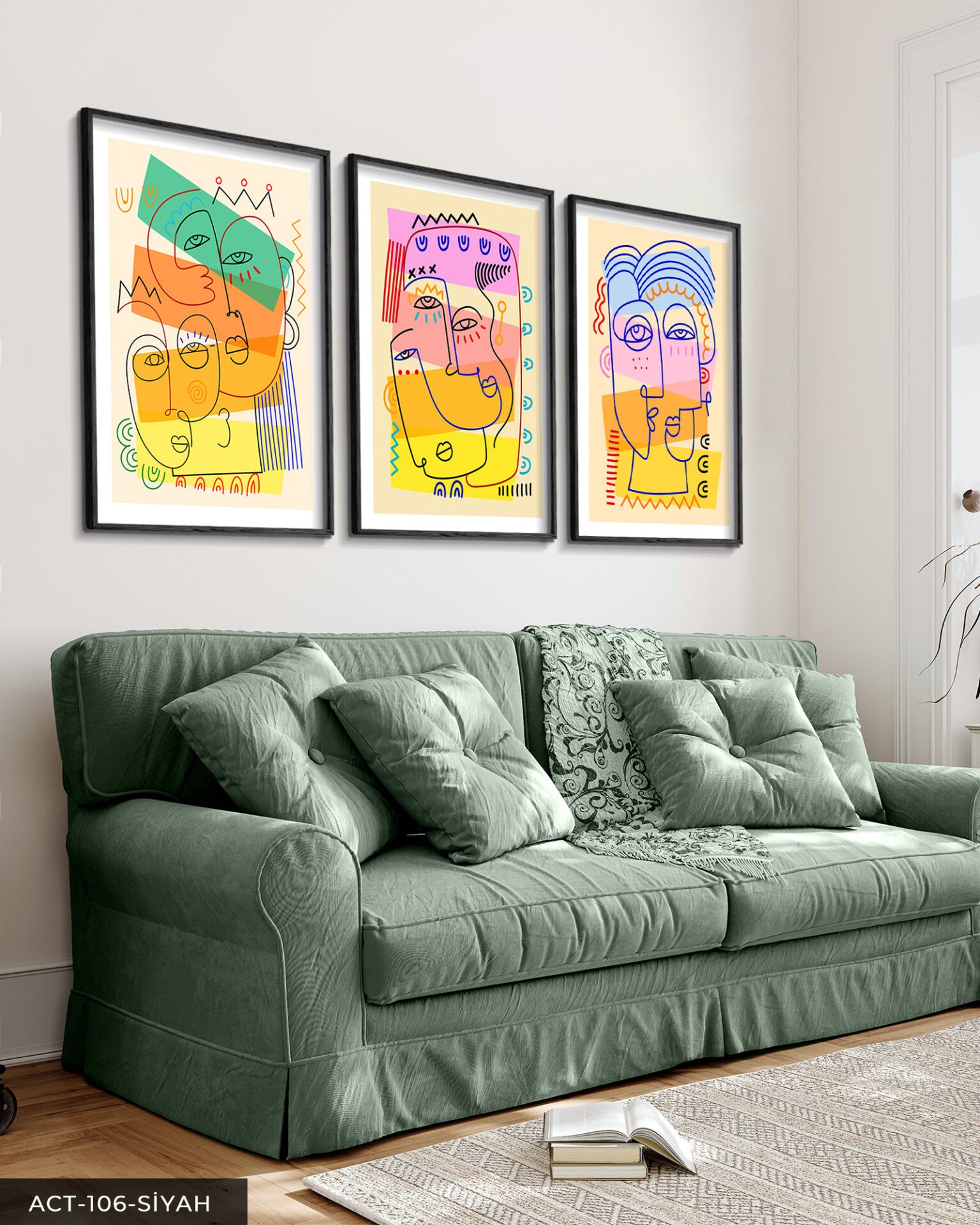 Şekilli Portreler 3 Parça Ahşap Çerçeveli Tablo ACT Siyah - 50 x 70 CM
