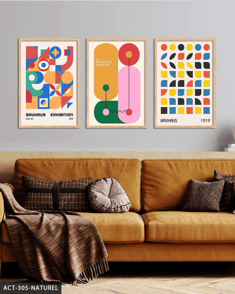 Renkli Modern Bauhaus 3 Parça Ahşap Çerçeveli Tablo ACT Naturel - 30 x 40 CM