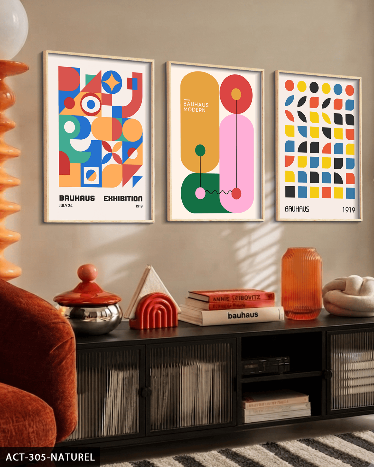 Renkli Modern Bauhaus 3 Parça Ahşap Çerçeveli Tablo ACT Naturel - 30 x 40 CM