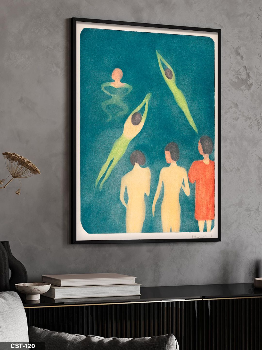 Yeşil Fonlu İnsan Figürleri illüstrasyon Tek Parça Ahşap Çerçeveli Tablo Siyah - 40 x 60 CM