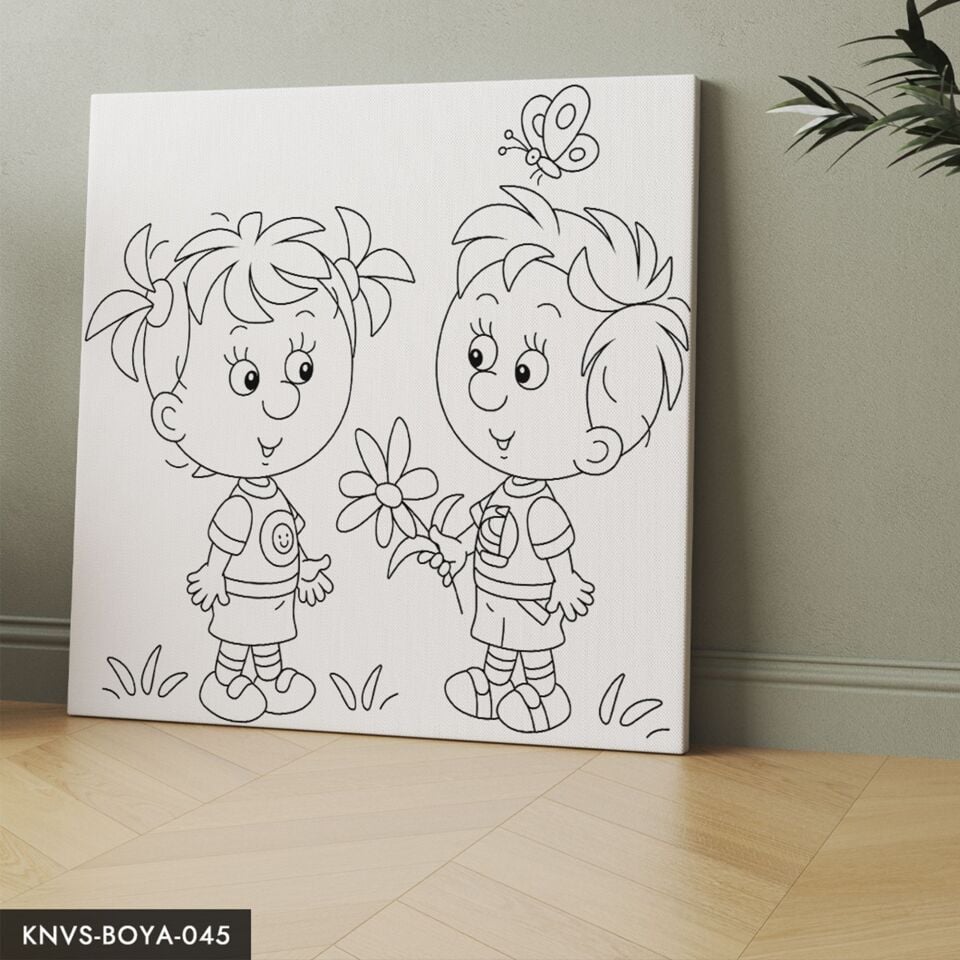 Sevimli Kıza Çiçek Veren Çocuk Çocuklara Özel 20x20 CM Kanvas Tuval Boyama Seti Fırça Boya Dahildir