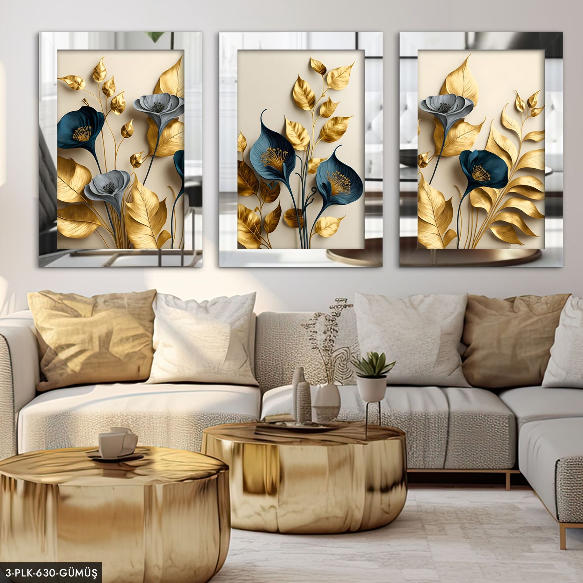 Zarif Altın ve Mavi Çiçekler 3 Parça Pleksi Aynalı Tablo 20 x 30 CM - Gümüş