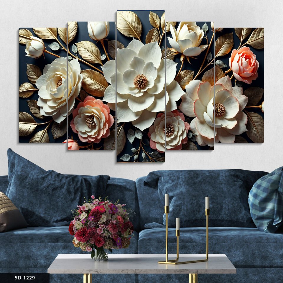 Dokulu Görünüm Gold Yapraklı Çiçekler 5 Parça Mdf Tablo 60x100 CM