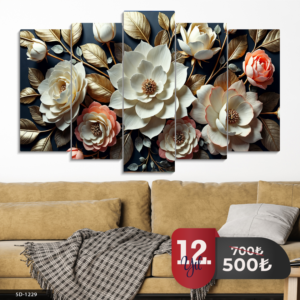 Dokulu Görünüm Gold Yapraklı Çiçekler 5 Parça Mdf Tablo 60x100 CM
