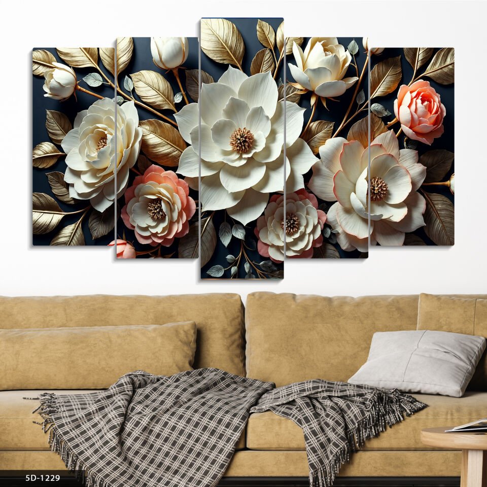 Dokulu Görünüm Gold Yapraklı Çiçekler 5 Parça Mdf Tablo 60x100 CM