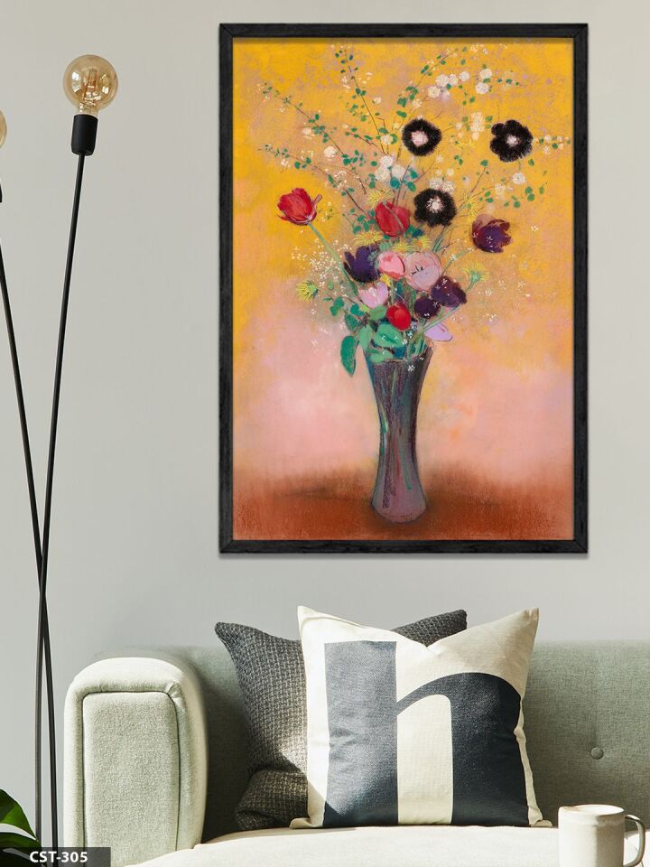 Vazoda Çiçek Buketi Tek Parça Ahşap Çerçeveli Tablo Siyah - 20 x 30 CM