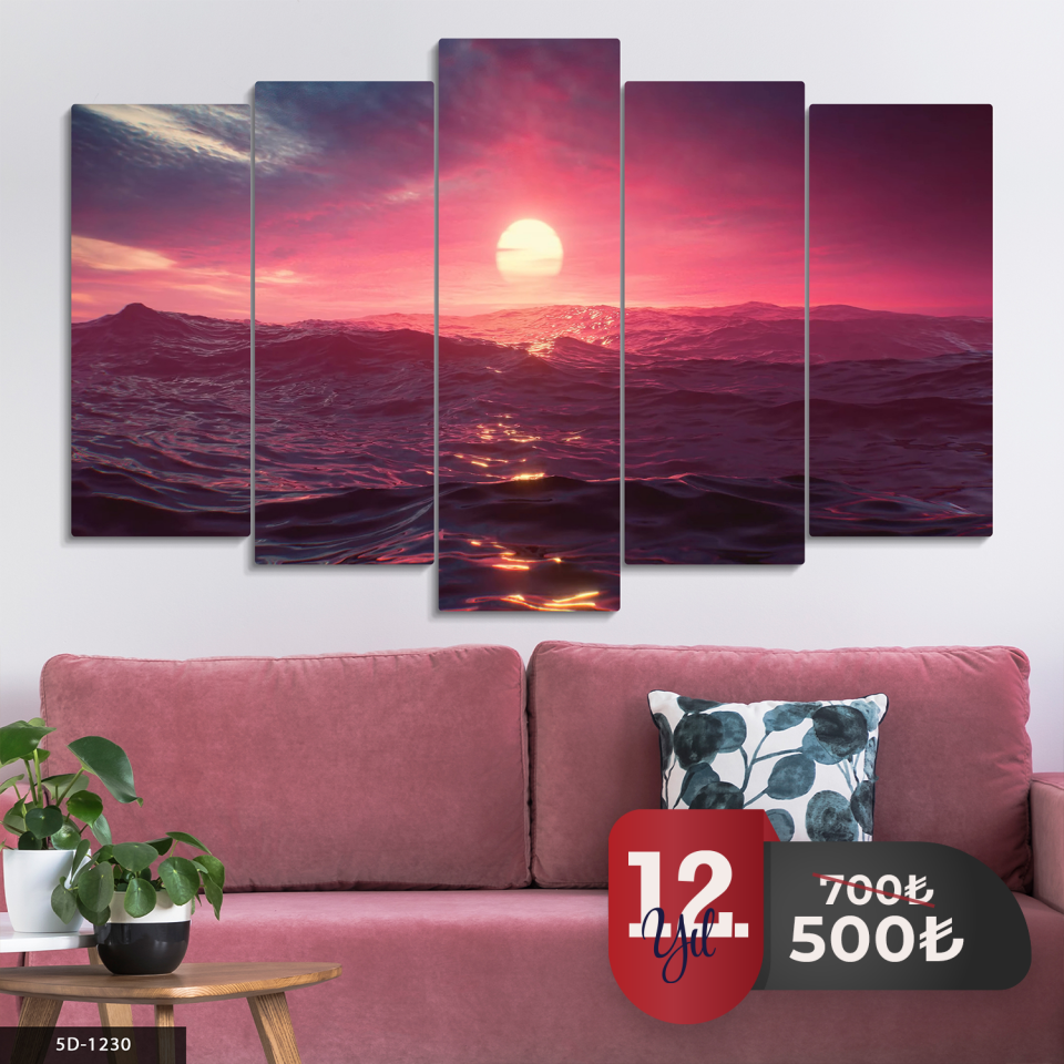 Dalgalı Gündoğumu 5 Parça Mdf Tablo 60x100 CM