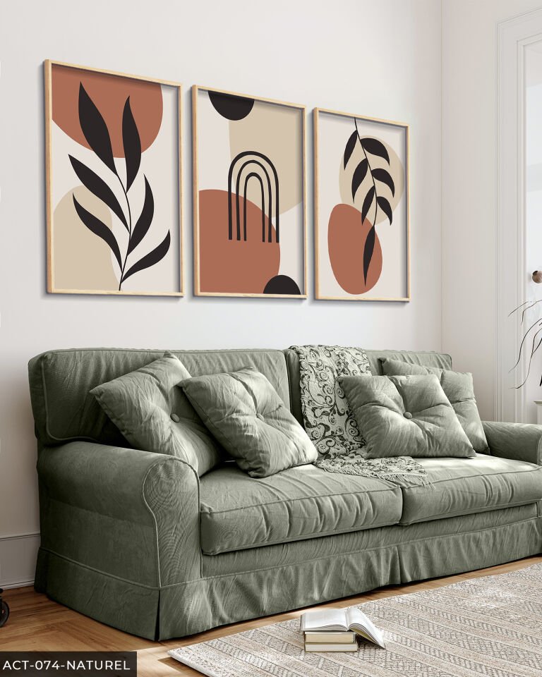 Yaprak Soyut 3 Parça Ahşap Çerçeveli Tablo Naturel - 40 x 60 CM