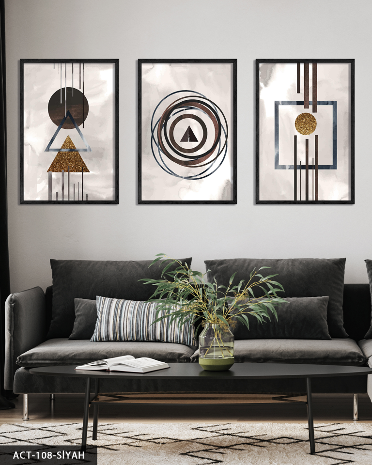 Sulu Boya Görünümlü Soyut Sanat 3 Parça Ahşap Çerçeveli Tablo ACT Siyah - 50 x 70 CM