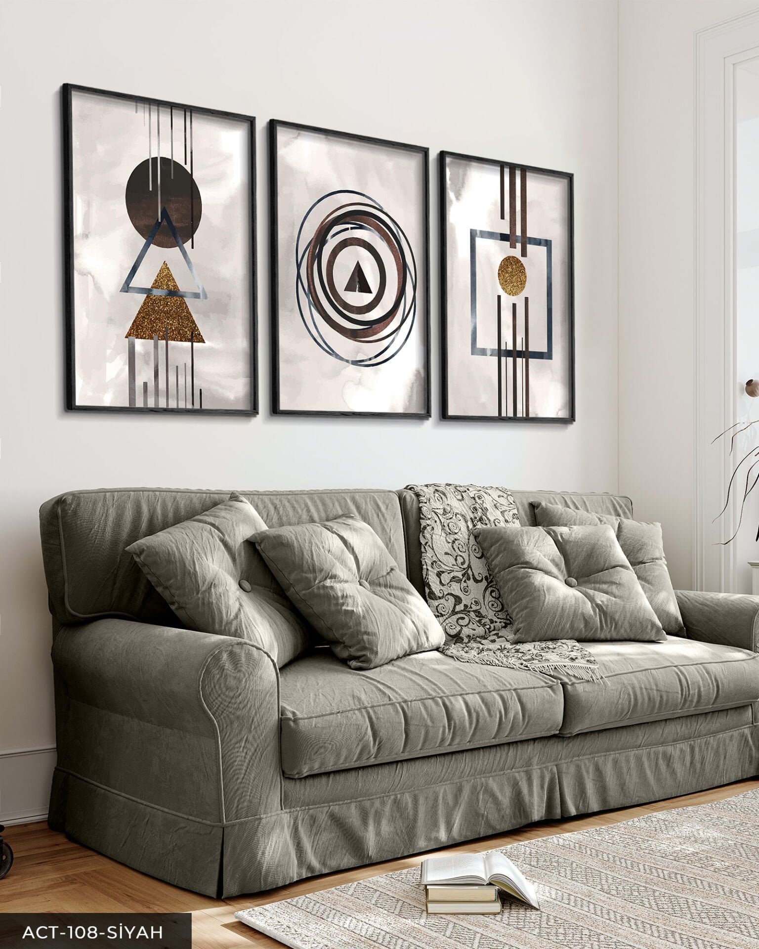 Sulu Boya Görünümlü Soyut Sanat 3 Parça Ahşap Çerçeveli Tablo ACT Siyah - 50 x 70 CM