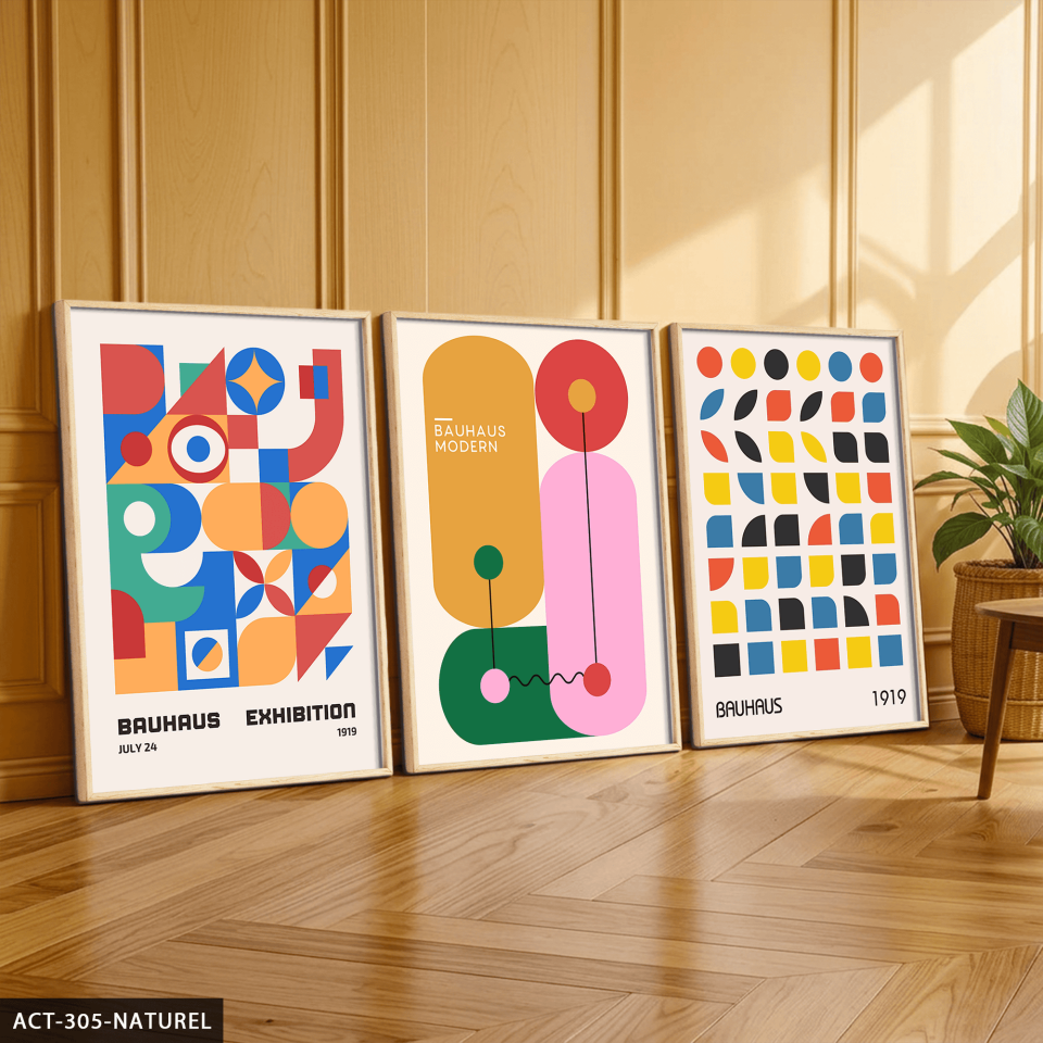 Renkli Modern Bauhaus 3 Parça Ahşap Çerçeveli Tablo ACT Naturel - 50 x 70 CM
