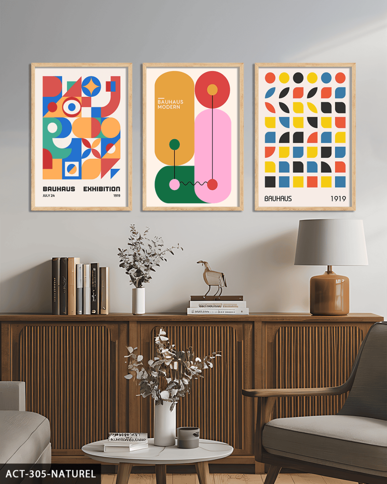 Renkli Modern Bauhaus 3 Parça Ahşap Çerçeveli Tablo ACT Naturel - 50 x 70 CM