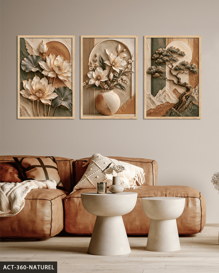 Dokulu Görünüm Soft Ağaç ve Çiçek 3 Parça Ahşap Çerçeveli Tablo ACT Naturel - 40 x 60 CM
