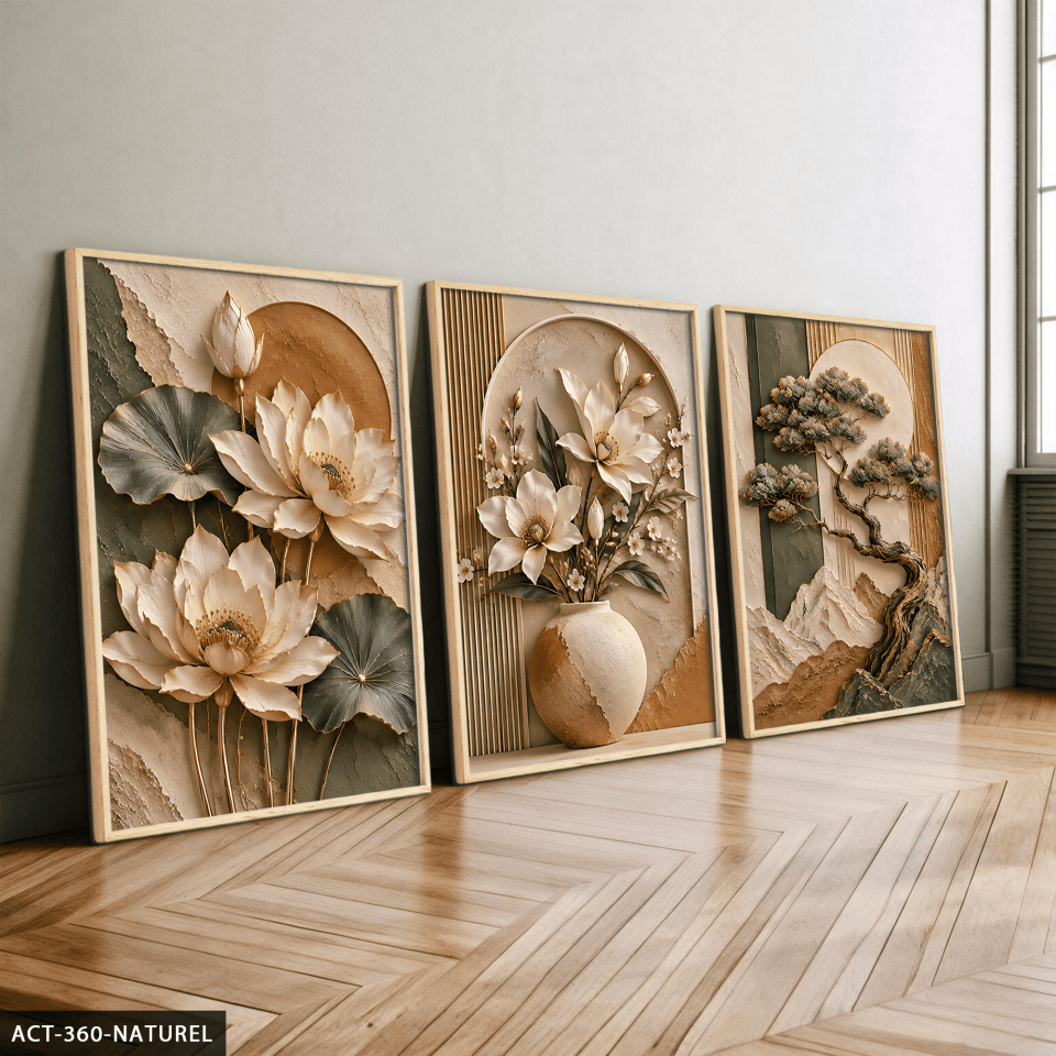 Dokulu Görünüm Soft Ağaç ve Çiçek 3 Parça Ahşap Çerçeveli Tablo ACT Naturel - 40 x 60 CM