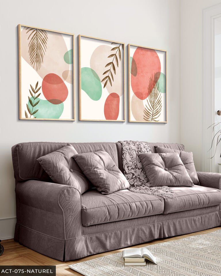 Renkli Soyut Desen 3 Parça Ahşap Çerçeveli Tablo Naturel - 40 x 60 CM