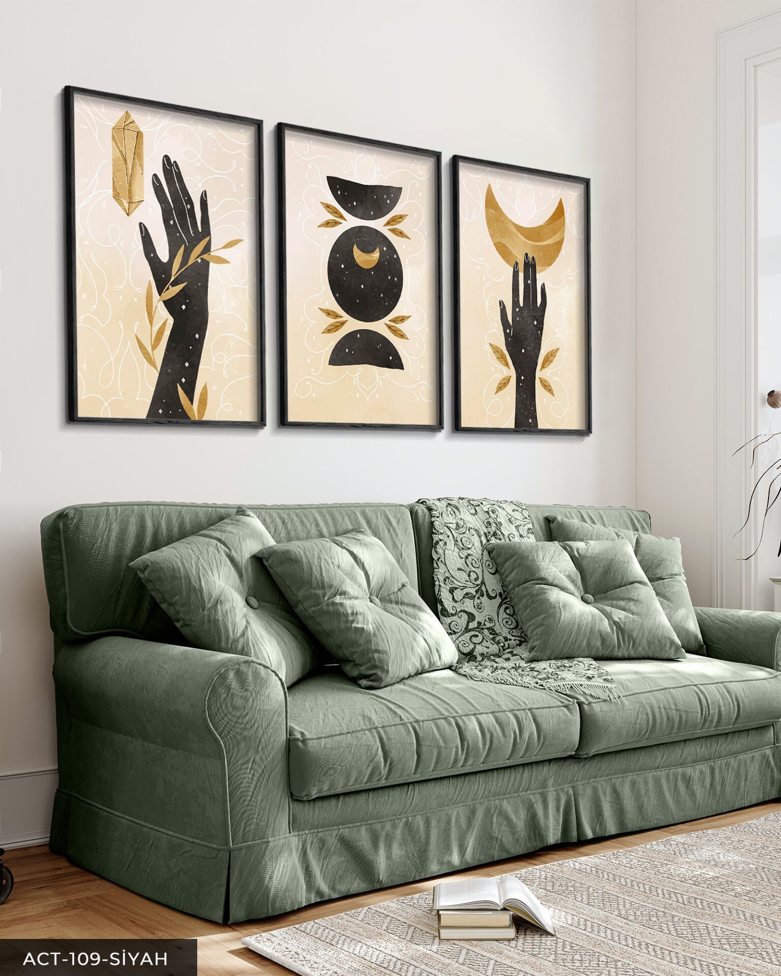 Sulu Boya Görünümlü Boho Tarz 3 Parça Ahşap Çerçeveli Tablo ACT Siyah - 50 x 70 CM
