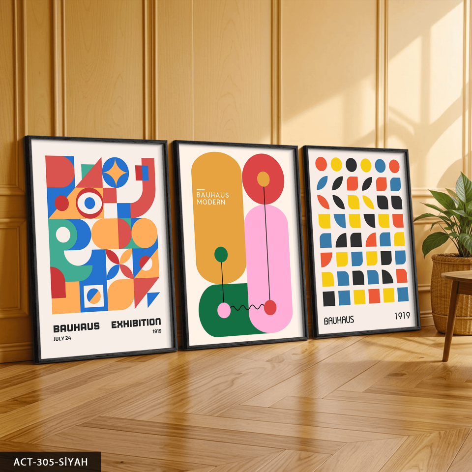 Renkli Modern Bauhaus 3 Parça Ahşap Çerçeveli Tablo ACT Siyah - 30 x 40 CM