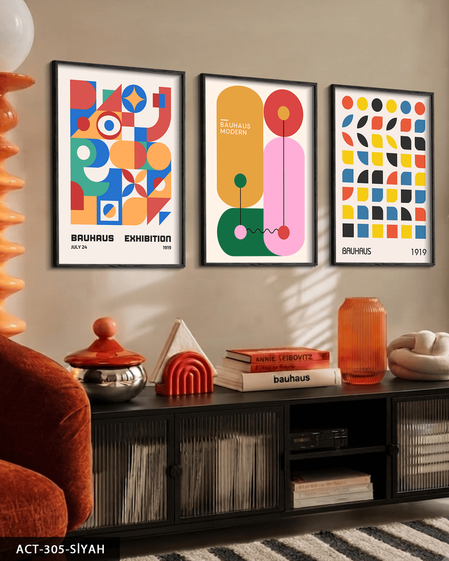 Renkli Modern Bauhaus 3 Parça Ahşap Çerçeveli Tablo ACT Siyah - 30 x 40 CM