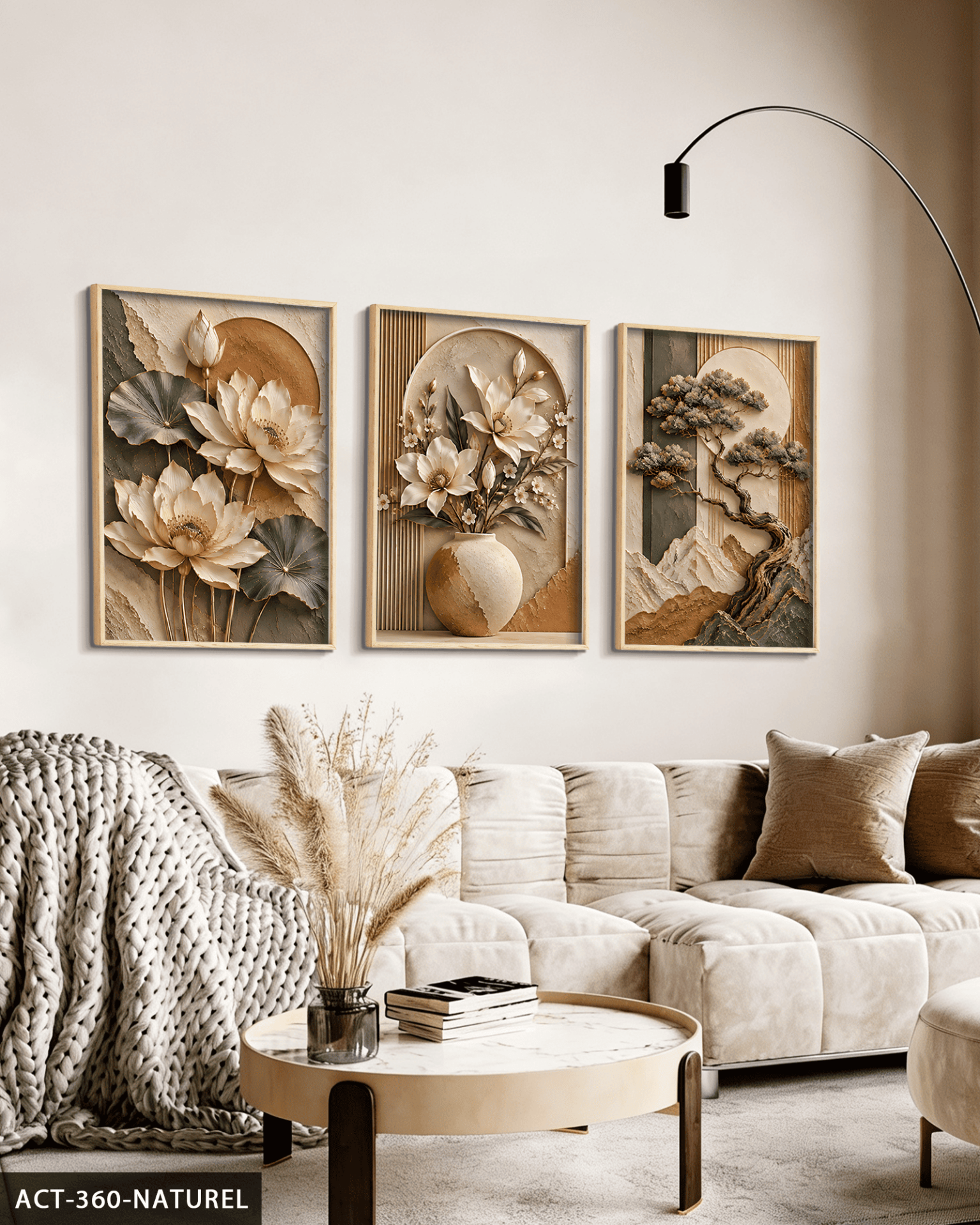 Dokulu Görünüm Soft Ağaç ve Çiçek 3 Parça Ahşap Çerçeveli Tablo ACT Naturel - 50 x 70 CM