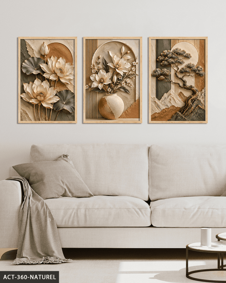 Dokulu Görünüm Soft Ağaç ve Çiçek 3 Parça Ahşap Çerçeveli Tablo ACT Naturel - 50 x 70 CM