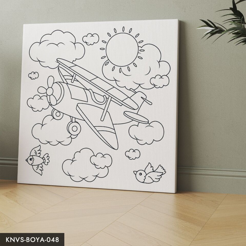 Uçak Çocuklara Özel 20x20 CM Kanvas Tuval Boyama Seti Fırça Boya Dahildir