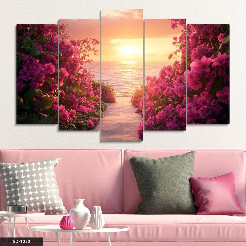 Denize Giden Pembe Çiçekli Yol 5 Parça Mdf Tablo 60x100 CM