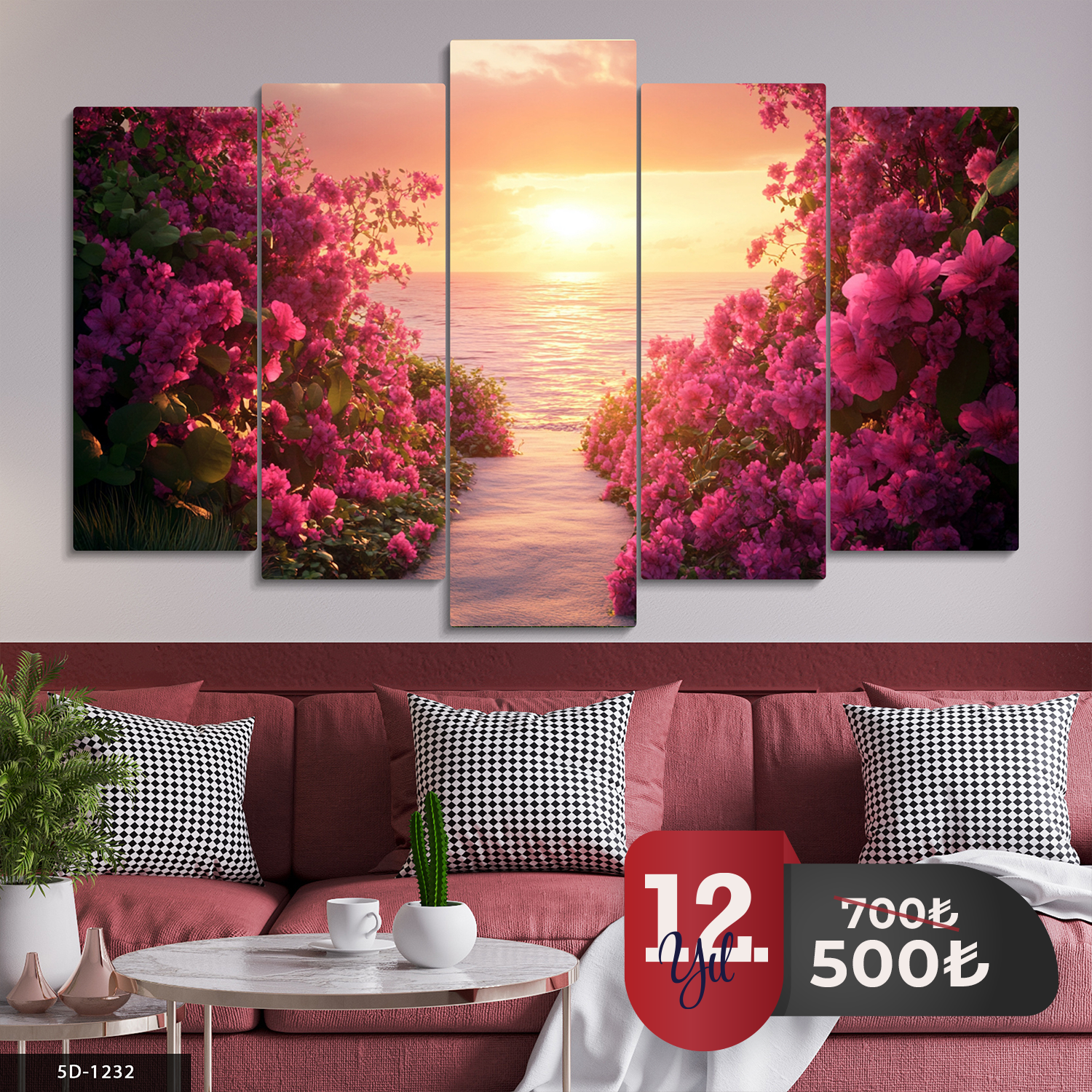 Denize Giden Pembe Çiçekli Yol 5 Parça Mdf Tablo 60x100 CM