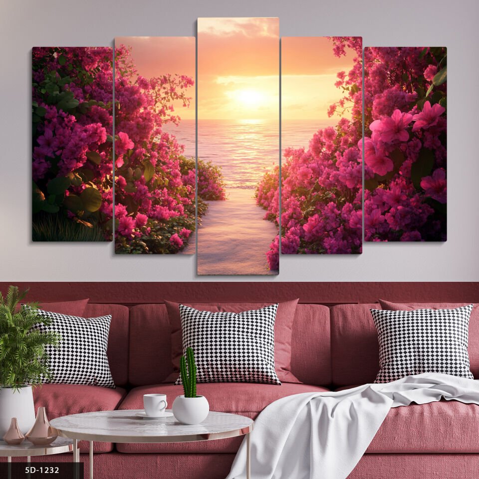 Denize Giden Pembe Çiçekli Yol 5 Parça Mdf Tablo 60x100 CM