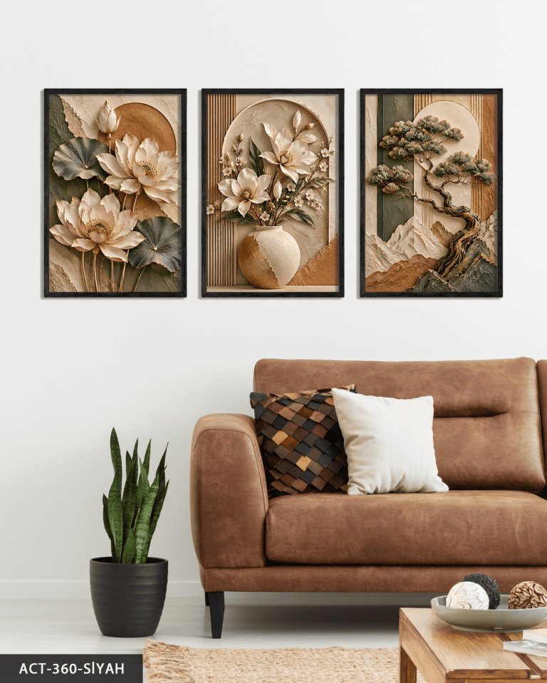Dokulu Görünüm Soft Ağaç ve Çiçek 3 Parça Ahşap Çerçeveli Tablo ACT Siyah - 30 x 40 CM