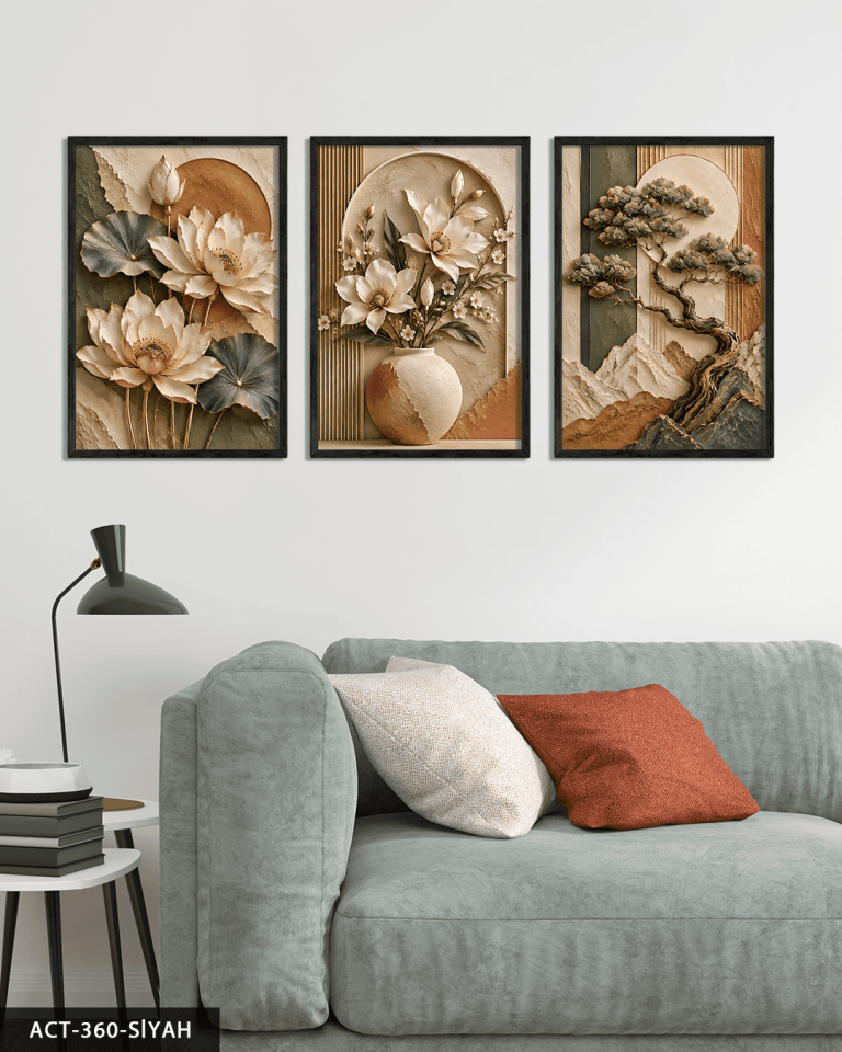Dokulu Görünüm Soft Ağaç ve Çiçek 3 Parça Ahşap Çerçeveli Tablo ACT Siyah - 30 x 40 CM