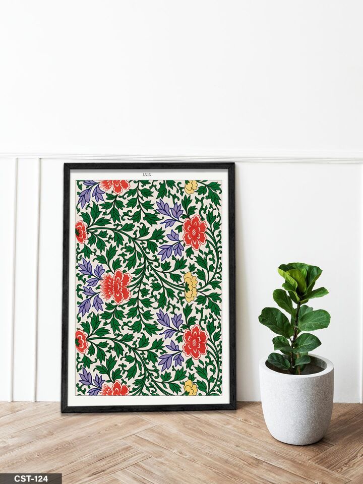 Renkli Çiçek Saksı illüstrasyon Tek Parça Ahşap Çerçeveli Tablo Siyah - 40 x 60 CM