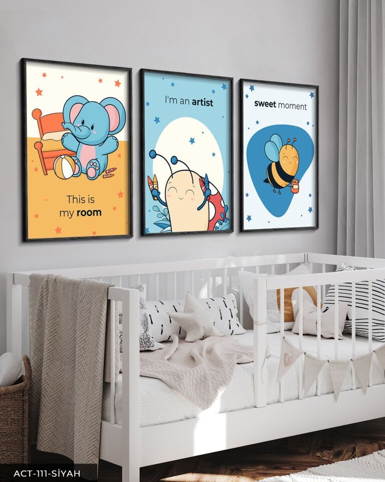 Hayvan Temalı Çocuk Odası 3 Parça Ahşap Çerçeveli Tablo ACT Siyah - 50 x 70 CM