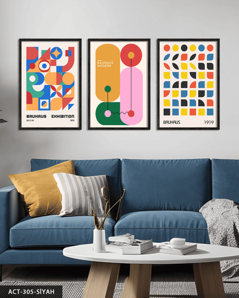Renkli Modern Bauhaus 3 Parça Ahşap Çerçeveli Tablo ACT Siyah - 50 x 70 CM