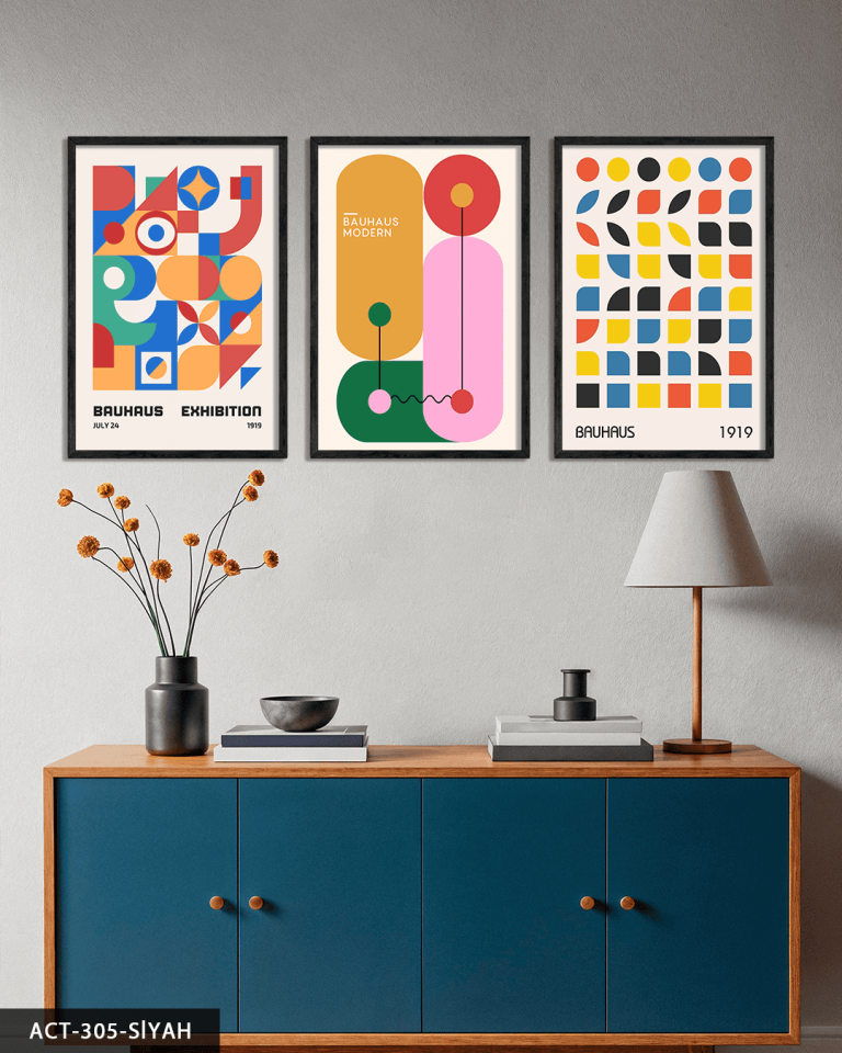 Renkli Modern Bauhaus 3 Parça Ahşap Çerçeveli Tablo ACT Siyah - 50 x 70 CM